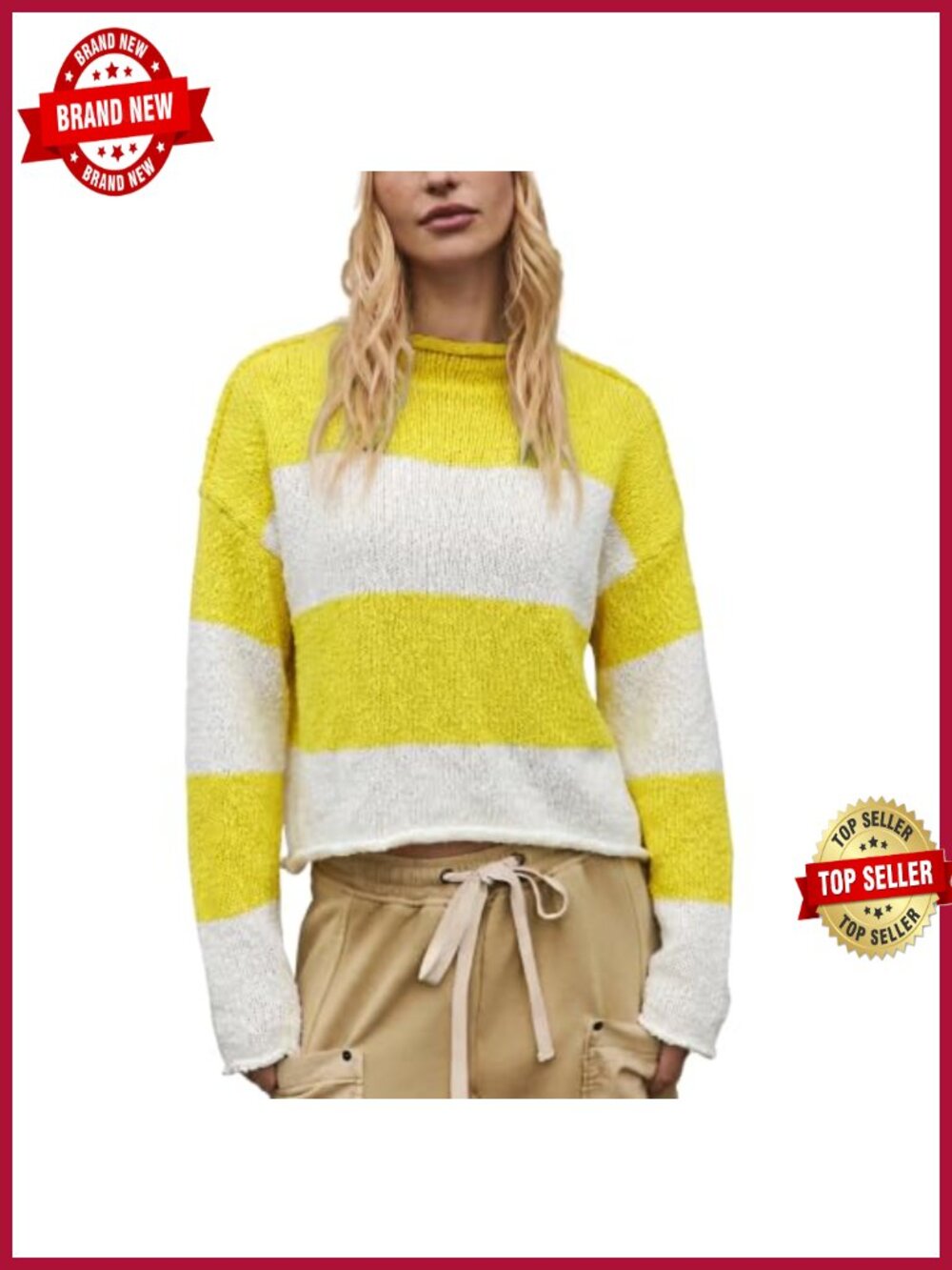 Womens Striped Cropped Sweater Oversized Roll Neck Chunky Knit Pullover